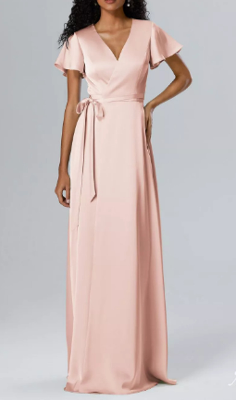 AW BRIDAL SZ 10 L pearl pink Roseanne satin wrap formal party maxi dress NEW B53